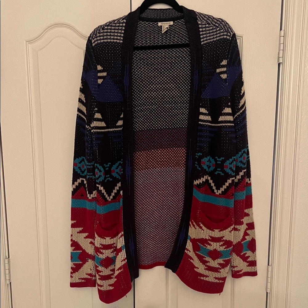 Forever 21 Geometric Knit Cardigan - Red, Blue, Black